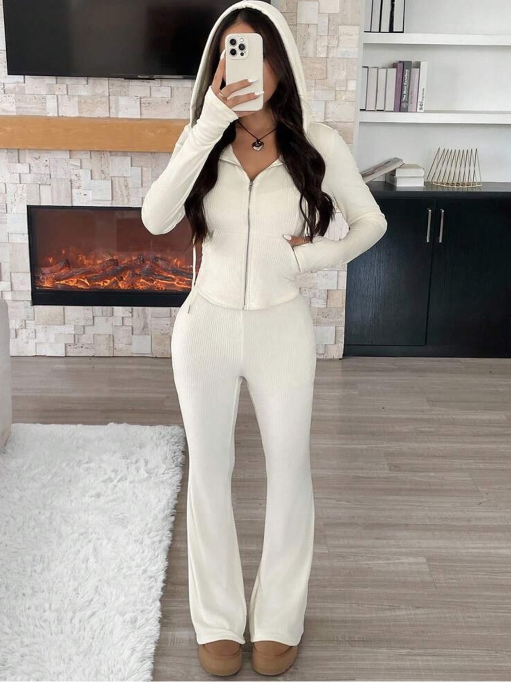 Ribbed Hooded Zip Jacket & Flare Pants Set - Cream